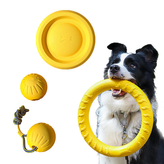EVA Durable Dog Toys 4 Pack  Flying Disc + Ball + Tug Rope for All dog Sizes